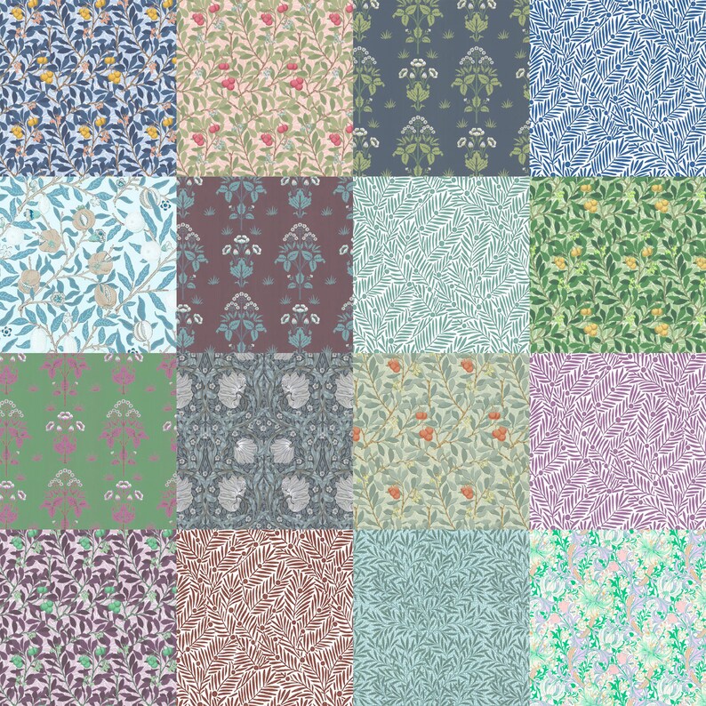 May include: A digital collage of 12 different floral patterns. The patterns are all in shades of green, blue, pink, and brown. The patterns are arranged in a grid.