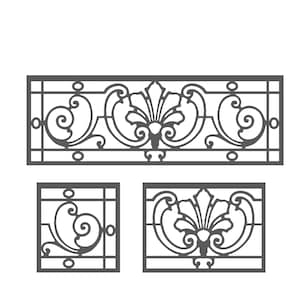 May include: A set of three decorative wrought iron panels. The largest panel is rectangular, featuring a central floral design and scrolling details. Two smaller square and rectangular panels mirror the design, all in a dark gray color.
