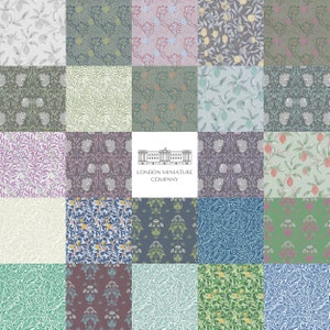 May include: A collage of 25 different floral and geometric patterns in various colors, including green, blue, pink, and purple. The patterns are arranged in a grid, and the center square features the text "LONDON MINIATURE COMPANY".