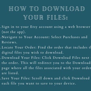 May include: A teal-colored graphic with white text providing instructions on how to download files from Etsy. The text includes steps for signing in, navigating to purchases, locating the order, downloading files, and saving them.