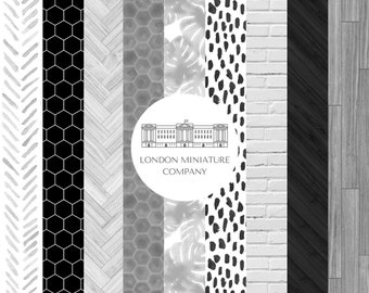 Printable Dollhouse Bundle Black & White Wallpaper Tiles Flooring 1:12 Miniature