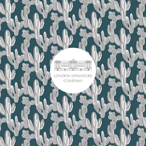 Dollhouse Wallpaper 1:12 Teal and White Cactus, Download & Print A4 - A3 - 8.5&quot; X 11&quot; - 11&quot; X 17&quot;, Dolls House Decor Accessories Miniature