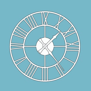May include: White clock face with Roman numerals and black clock hands on a light blue background. The text "DOLLHOUSE" is on the left and "SVG CUT FILES" is on the right.