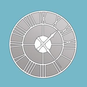 May include: A white clock face with Roman numerals and black hands on a gray background. The clock face is surrounded by a white circle. The text "SVG CUT FILES" is on the right side of the image and the text "DOLLHOUSE" is on the left side of the image.
