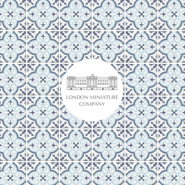 Dollhouse Floor Tiles 1:12 Blue Encaustic Patterned Miniature Flooring - Instant Download A4 - A3 - 8.5 X 11" - 11 X 17" - Dolls House Decor