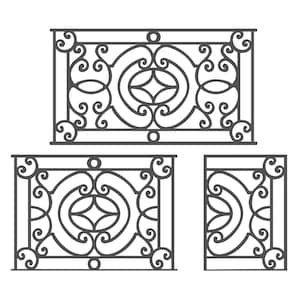 May include: Three wrought iron panels with decorative scrollwork and oval center designs. The panels are in a dark gray color and are set against a white background. The design is symmetrical and ornate.