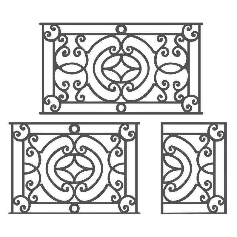 May include: Three wrought iron panels with decorative scrollwork and oval center designs. The panels are in a dark gray color and are set against a white background. The design is symmetrical and ornate.