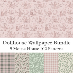 Papel pintado de casa de muñecas, paquete Maileg de ratón, decoración de habitación de casa de muñecas seleccionada, inserto Flisat de IKEA, patrón sin costuras, descarga digital imprimible JPG
