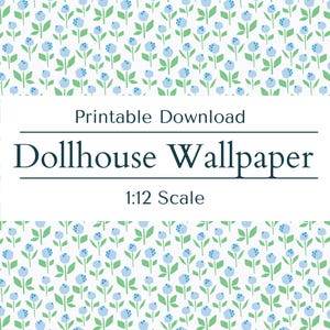 Dollhouse Miniature Wallpaper Blue Mid-century Flower Printable Doll House 1:12 Scale Miniature Decor Seamless Pattern Scrapbook Digital