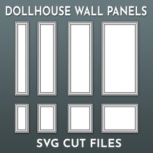 May include: A collection of eight white dollhouse wall panels with black outlines, in various rectangular shapes. The text "DOLLHOUSE WALL PANELS" and "SVG CUT FILES" are displayed in white at the top and bottom of the image, respectively, against a dark gray background.