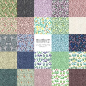 May include: A collage of 16 different floral and botanical patterns, each with a unique design and color scheme. The patterns are arranged in a grid, and the image is titled "London Miniature Company".