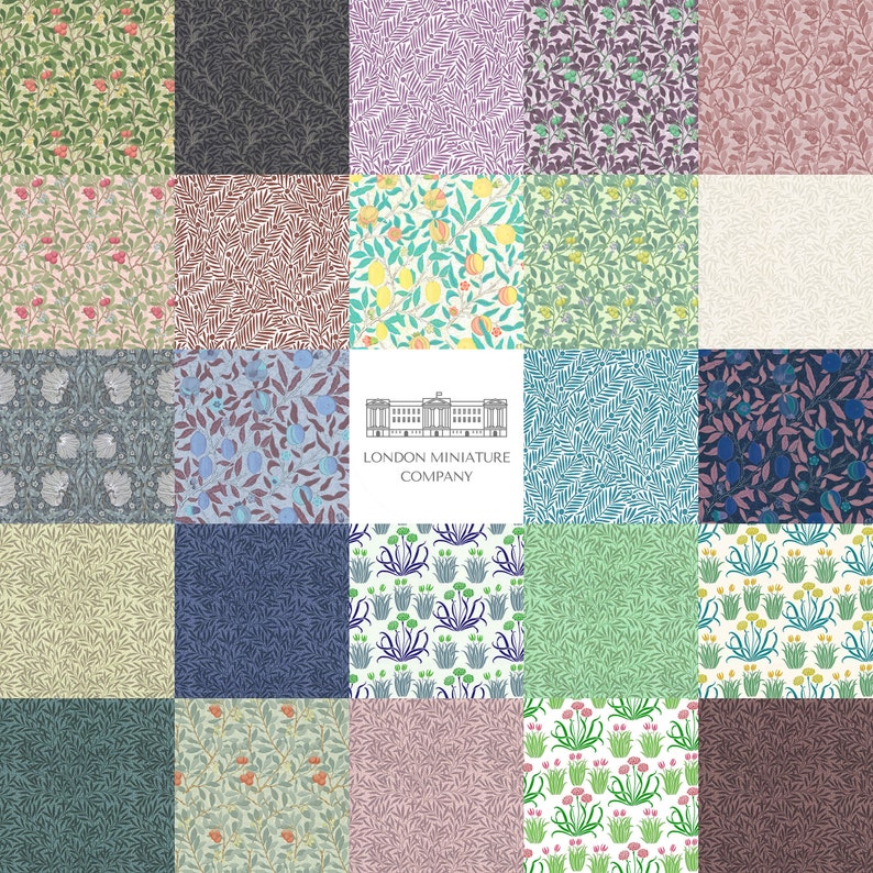 May include: A collage of 16 different floral and botanical patterns, each with a unique design and color scheme. The patterns are arranged in a grid, and the image is titled "London Miniature Company".