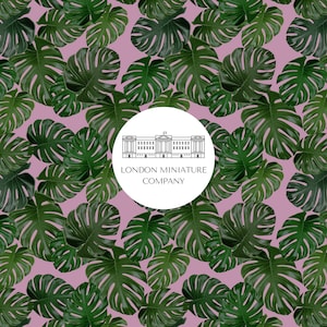Dollhouse Wallpaper 1:12 Green and Pink Monstera Leaf Wallpaper - Instant Download A4 - A3 - 8.5&quot; X 11 - 11&quot; X 17&quot; Sheet - Dolls House Decor