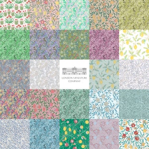 May include: A collage of 25 different floral and fruit patterns, each with a unique design. The patterns are arranged in a grid, with the London Miniature Company logo in the center. The patterns feature a variety of colors, including green, blue, pink, and yellow.