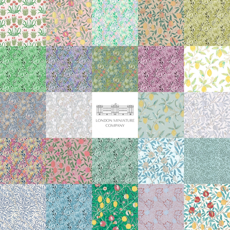 May include: A collage of 25 different floral and fruit patterns, each with a unique design. The patterns are arranged in a grid, with the London Miniature Company logo in the center. The patterns feature a variety of colors, including green, blue, pink, and yellow.