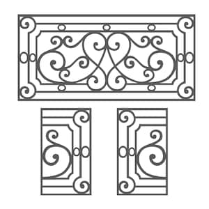 May include: A vector illustration of decorative wrought iron elements. The design features a rectangular panel with scrolling flourishes and two smaller, matching vertical panels, all in a dark gray color. The design is suitable for gates, fences, or architectural details.