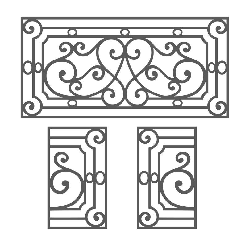 May include: A vector illustration of decorative wrought iron elements. The design features a rectangular panel with scrolling flourishes and two smaller, matching vertical panels, all in a dark gray color. The design is suitable for gates, fences, or architectural details.