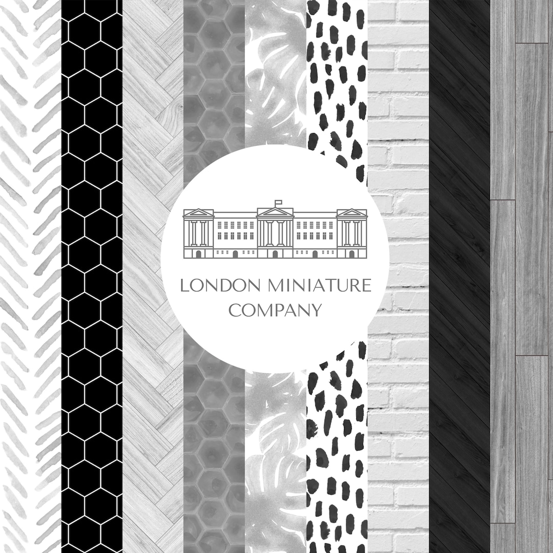 Printable Dollhouse Bundle Black &amp; White Wallpaper Tiles Flooring 1:12 ...
