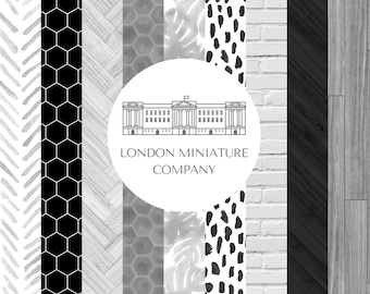 Printable Dollhouse Bundle Black & White Wallpaper Tiles Flooring 1:12 Miniature