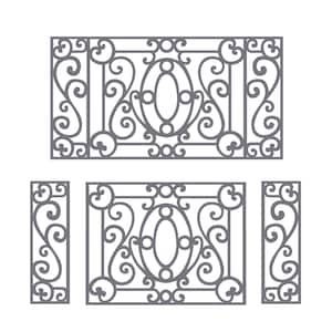 May include: Gray metal decorative panels with ornate scrollwork and oval center designs. The set includes two large rectangular panels and two smaller vertical panels, perfect for architectural accents or decorative elements.