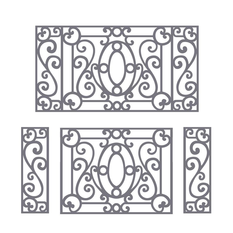 May include: Gray metal decorative panels with ornate scrollwork and oval center designs. The set includes two large rectangular panels and two smaller vertical panels, perfect for architectural accents or decorative elements.