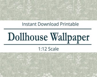 Papier peint maison de poupée imprimable à l'échelle 1:12 | Papier peint botanique miniature vert sauge | Mini-décor à téléchargement immédiat