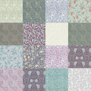 May include: A digital collage of 16 different floral patterns. The patterns are all in shades of green, blue, purple, and pink. Some of the patterns feature leaves, flowers, and fruits.