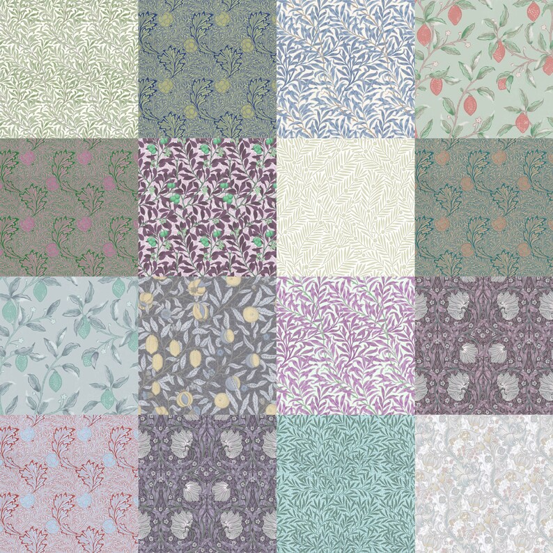 May include: A digital collage of 16 different floral patterns. The patterns are all in shades of green, blue, purple, and pink. Some of the patterns feature leaves, flowers, and fruits.
