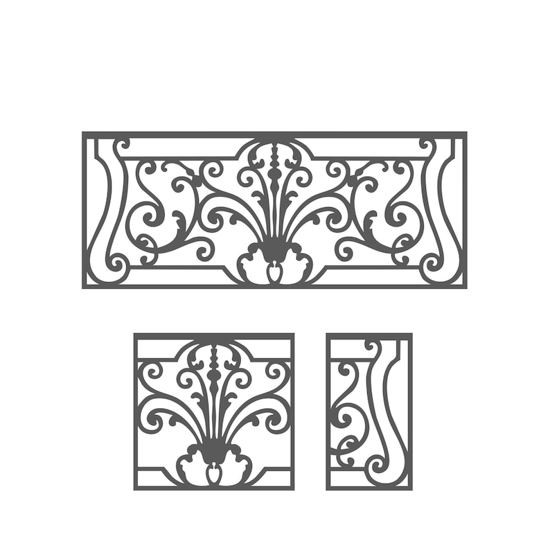 May include: A vector illustration of decorative wrought iron elements. The design features a rectangular panel, a square panel, and a vertical panel, all with symmetrical floral and scrollwork patterns in a dark gray color.