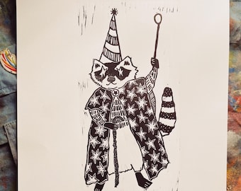 魔法使いのアライグマ、トミー - リノリウム版画