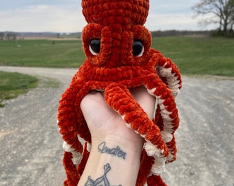 FINISHED ITEM- 14” Velvet Burnt Orange & Ivory Crochet Octopus Plushie