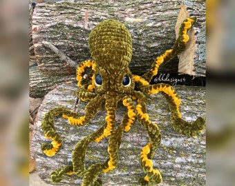 FINISHED ITEM- 16” Velvet Olive and Gold Crochet Octopus Plushie