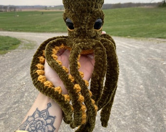 FINISHED ITEM- 14” Velvet Olive and Gold Crochet Octopus Plushie