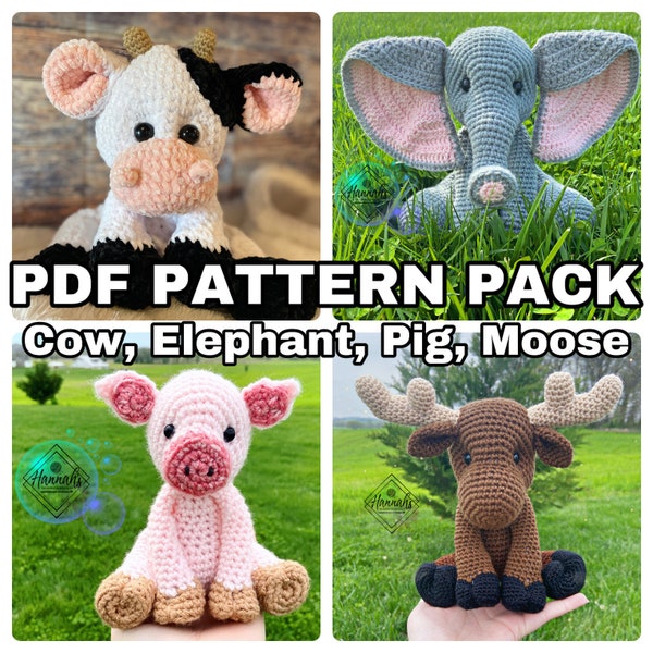 Baby Cow, Elephant, Pig, Moose Crochet PDF PATTERN ONLY, Digital File; 4 Pack