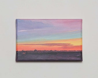 Sérénité au bord de la mer - Oeuvre de paysage marin paisible - Acrylique confortable - Petite taille 14 x 22 cm - Décoration murale au coucher du soleil côtier