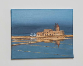 Tranquil Horizon: Peaceful Landscape Painting - Saline Seascape- 24x30 cm - Cozy Acrylic Art - Serene Nature Decor