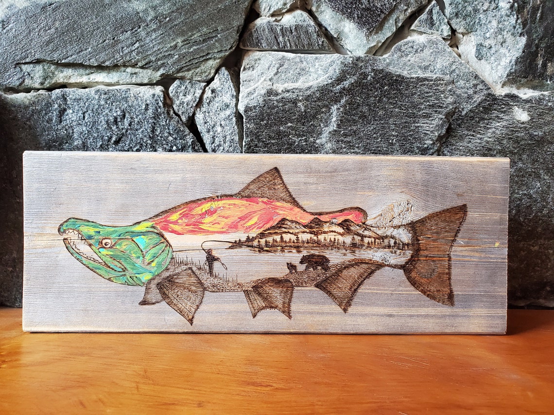 Sockeye Salmon Wood Burning With Fisherman on Sunset Etsy