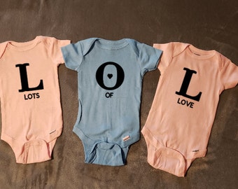 Triplet Onesies Baby Shower Gift Triplets Unique, Triplet Announcement, Baby Bodysuit LOL, Love