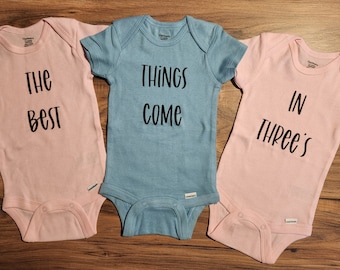 Triplet Onesies Baby Shower Gift Triplets Unique, The Best Things, NEW Colors! Triplet Announcement, Pink, Blue, White, Red, Navy