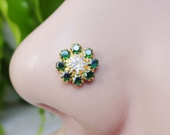 Gold Plated Sterling Silver Nose Stud: Green & White CZ Floral Design
