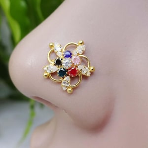 Unique Nose Stud Indian Nose Stud Flower Nose Stud Multi Nose Stud Gold Plating Nose Stud Handmade Nose Stud Gift For Her Gold Nose Jewelry