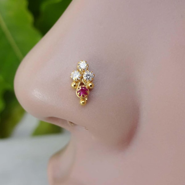 Gold Indian Nose Stud: Sterling Silver Crystal CZ (3mm)