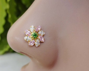 Flower Nose Stud: Indian Gold Nose Ring, Cubic Zirconia, Sterling Silver