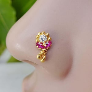 Gold Indian Nose Stud: Sterling Silver, Ruby & CZ Gem