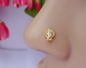 Gold Indian Nose Stud: Sterling Silver Cubic Zirconia Nose Ring