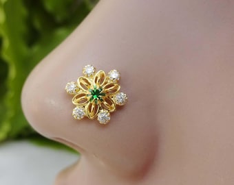 Gold Indian Nose Ring: Sterling Silver CZ Tribal Nose Stud