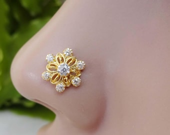 Gold Flower Nose Stud: Indian Sterling Silver CZ Nose Ring