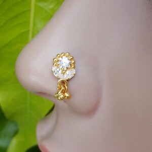 14k Gold Plated Sterling Silver Nose Stud: CZ Indian Nose Ring