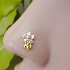 14K Gold Plated Nose Stud: Indian CZ Floral Nose Ring