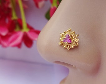 Gold Indian Nose Stud: Sterling Silver, Pink Cubic Zirconia